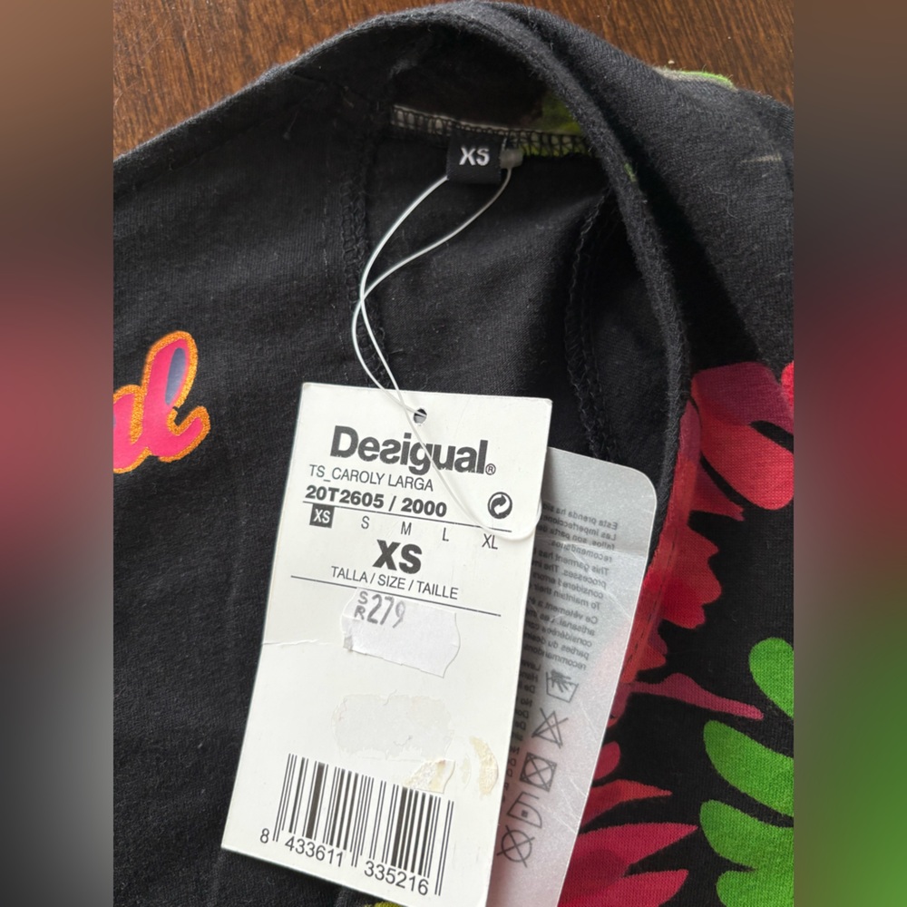 DESIGUAL Floral Print Sequin Embroidered Asymmetric Long Sleeve XS Tunic Top NEW - Picture 3 of 11